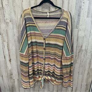 Beeson River Stripe Button Front Knot Waffle Knit Shirt Womens Plus 3X